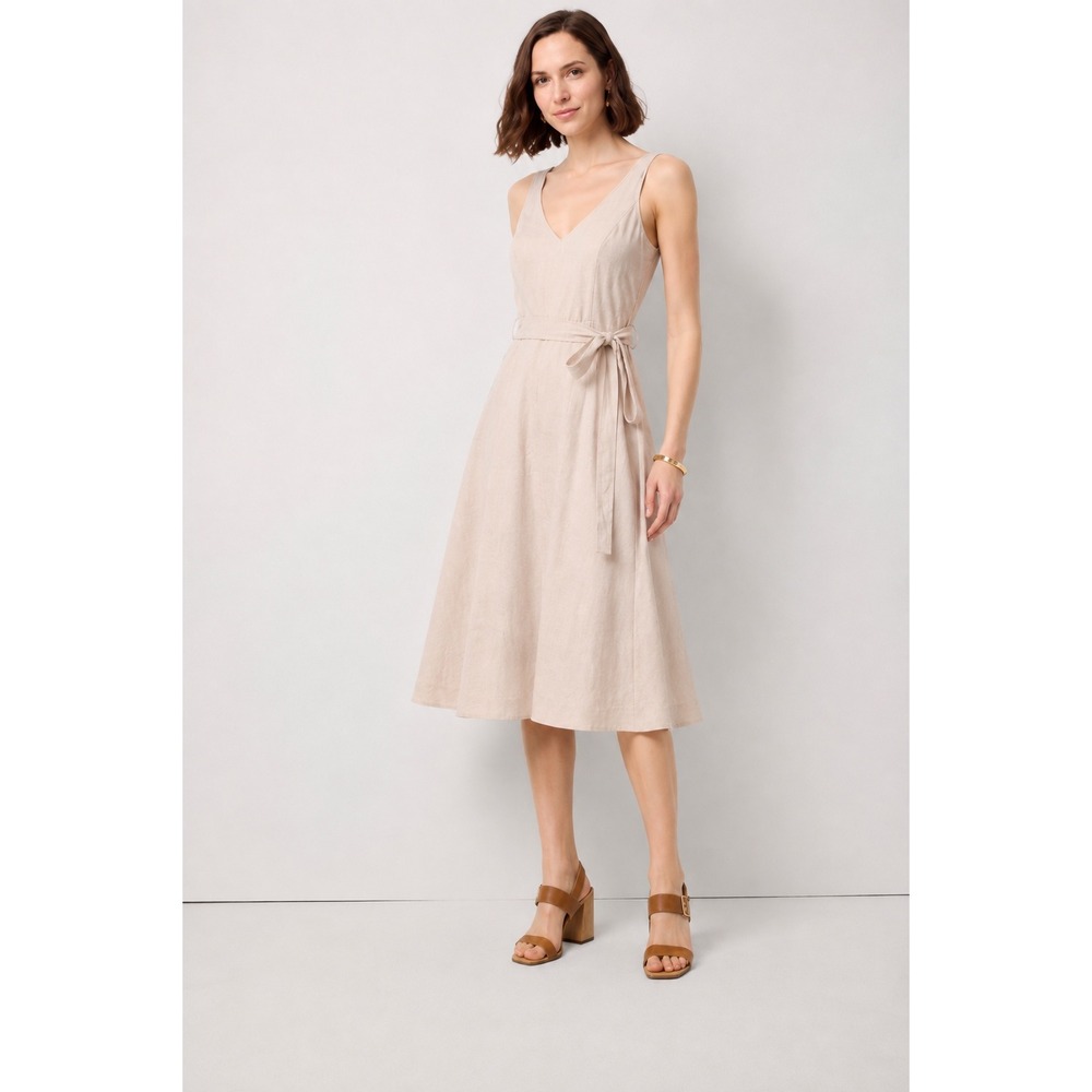 WHBM White House Black Market Sleeveless V-Neck Belted Midi Dress Beige 12 $95